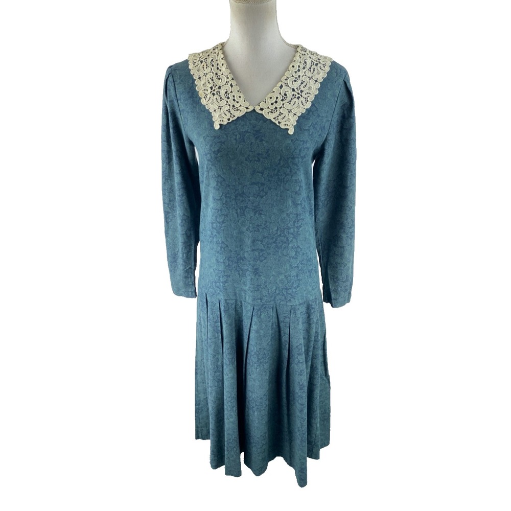 Laura Ashley Vtg 80s 8 Prairie Cottagecore Drop Waist Floral Lace Bibbing‎